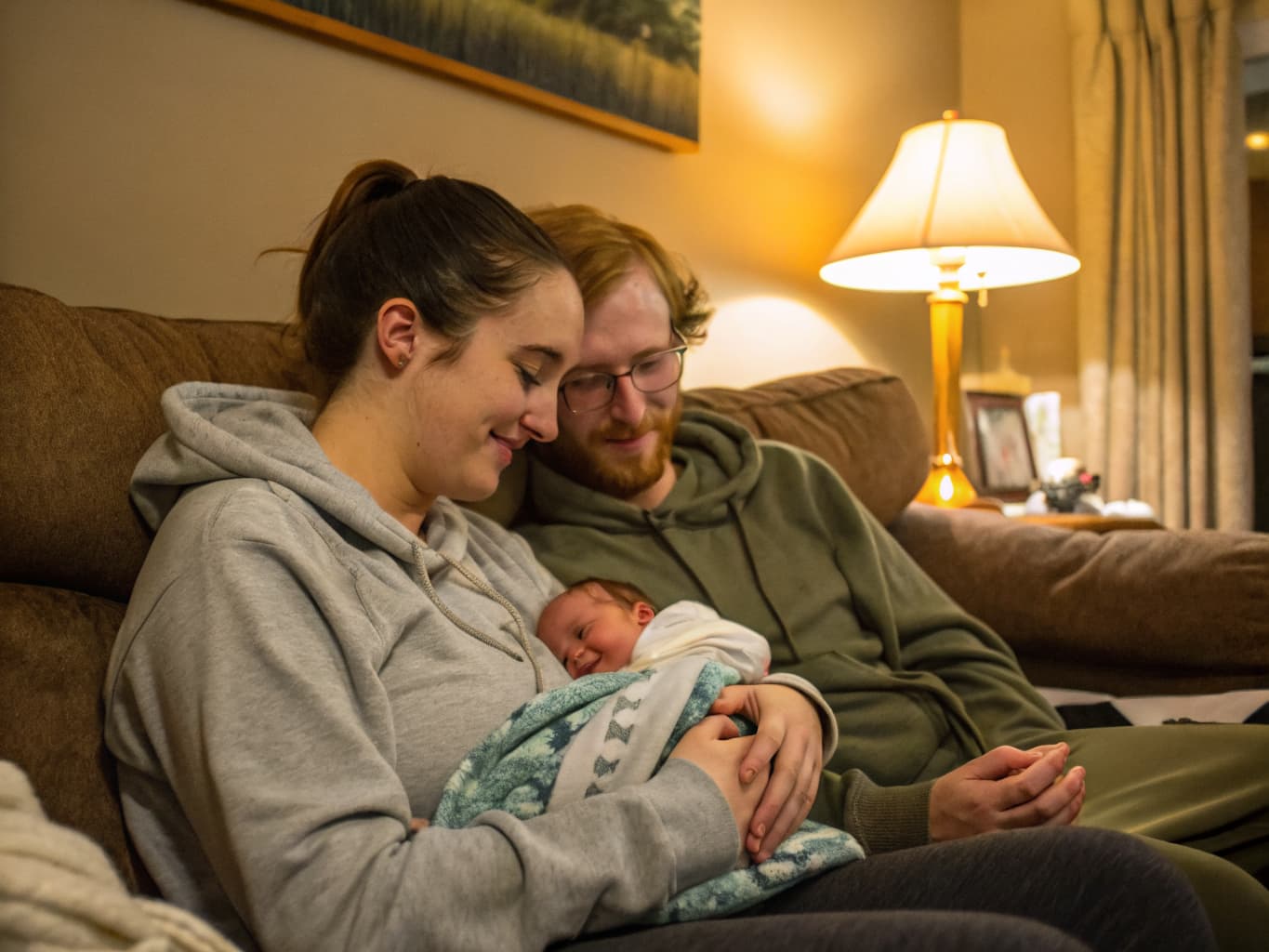 Parents together with their newborn, looking calm and connected